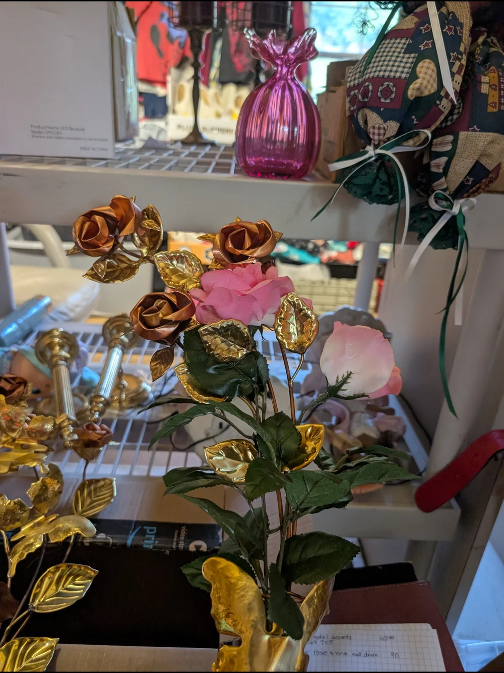 AT-1 Home Accents Gold Metal Rose Stems with Pink Fabric Roses
